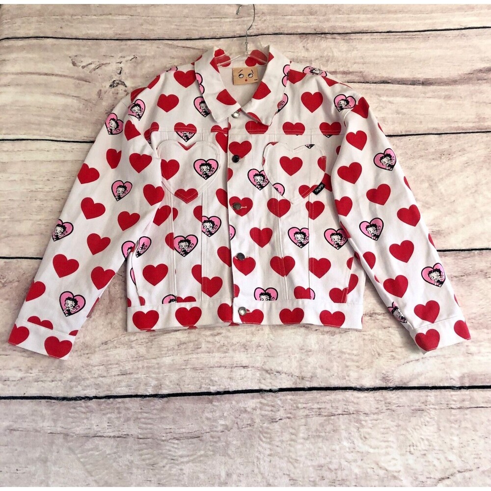 Lazy Oaf x Betty Boop Denim Jacket Small White Jean Red Hearts Valentines Day